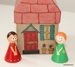 hand painted wooden girl figures with decorated gift box house